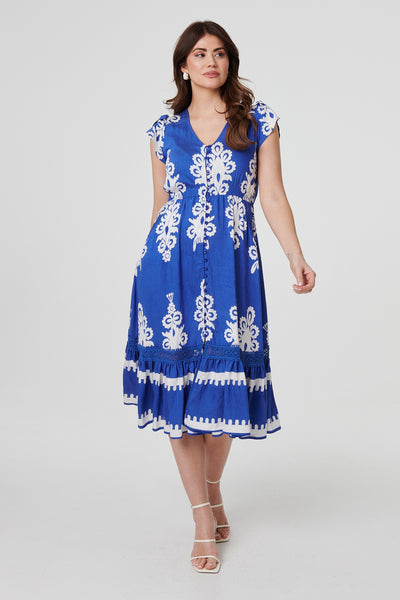 Ikat Print Cap Sleeve Midi Dress in BLUE [PK-8]