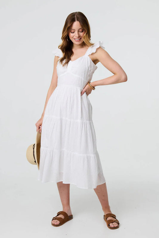 RUFFLE STRAP TIERED MIDI DRESS [PK-5]