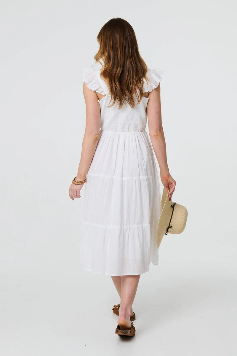 RUFFLE STRAP TIERED MIDI DRESS [PK-5]