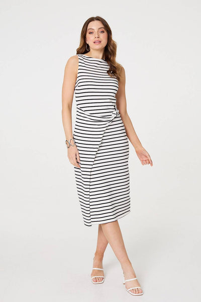 Striped Tie Front Sleeveless Midi Dress in MULTI WHITE [PK-8]