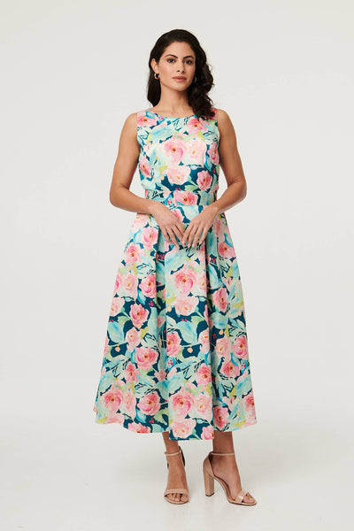 FLORAL SLEEVELESS PLEAT FRNT MIDI DRESS IN BLUE [PK-8]