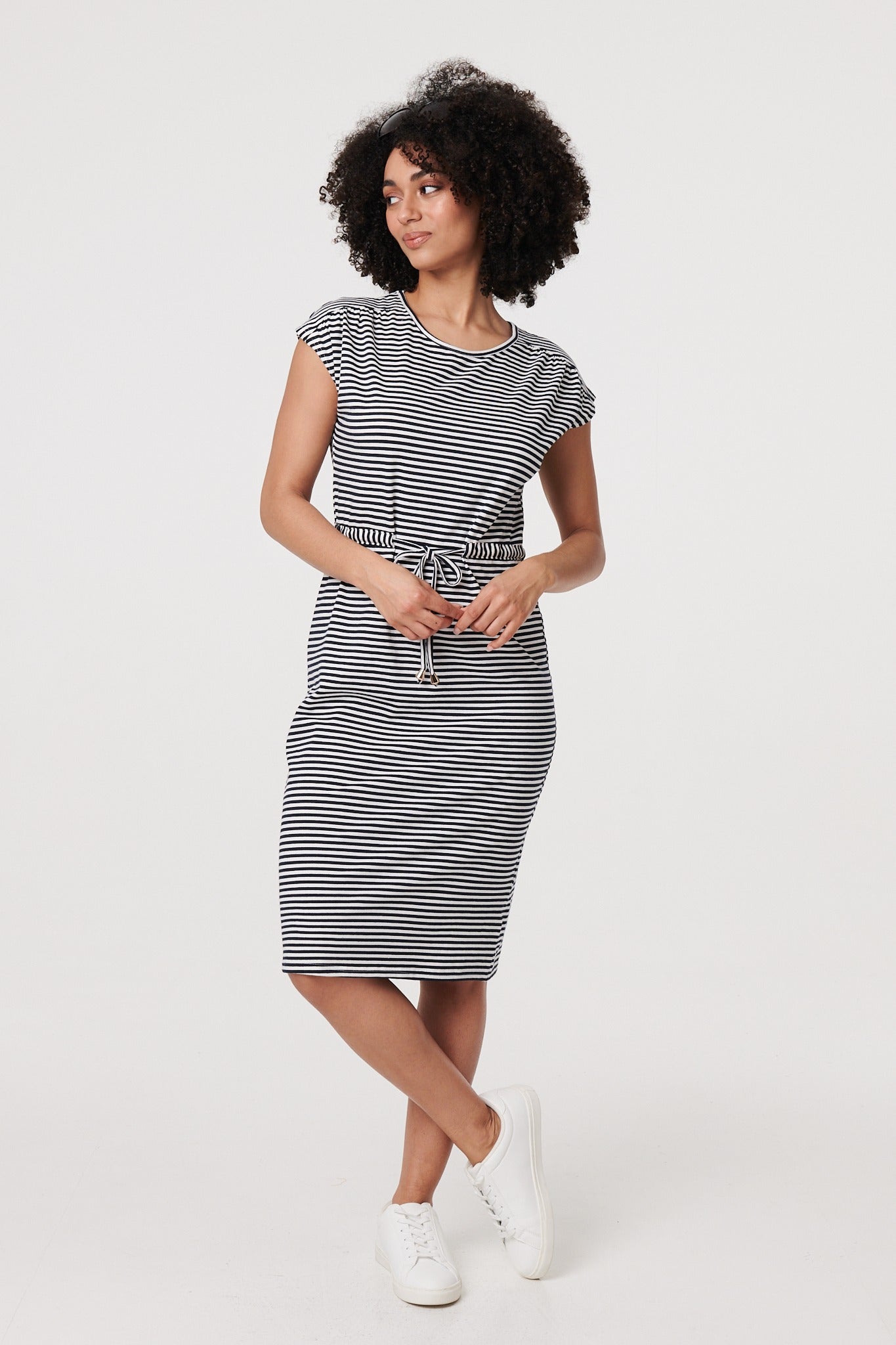 Striped Drawstring Knee Length Dress in MULTI NAVY [PK-8]