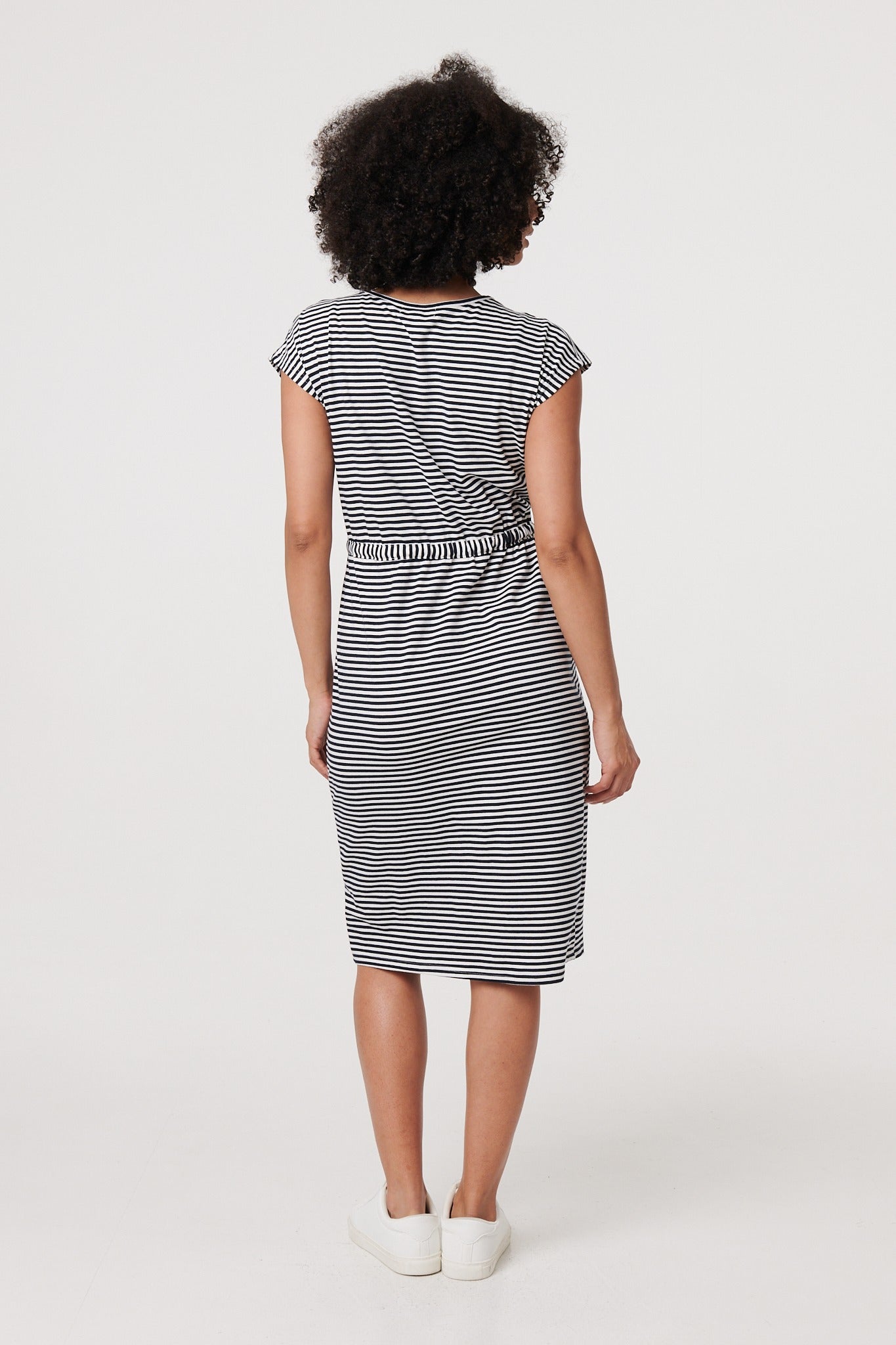 Striped Drawstring Knee Length Dress in MULTI NAVY [PK-8]