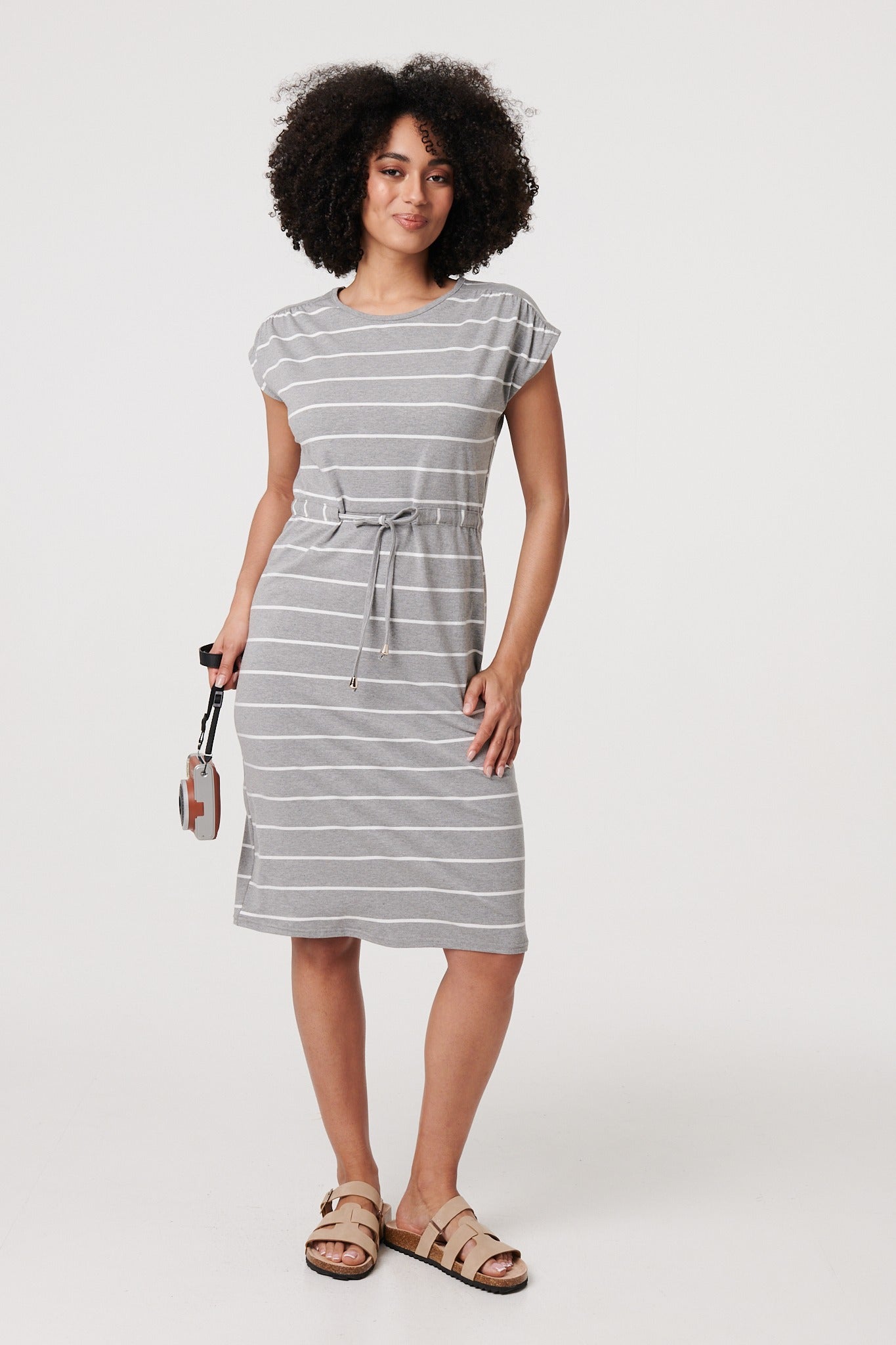 Striped Relaxed Knee Length Dress in GREY [PK-8]