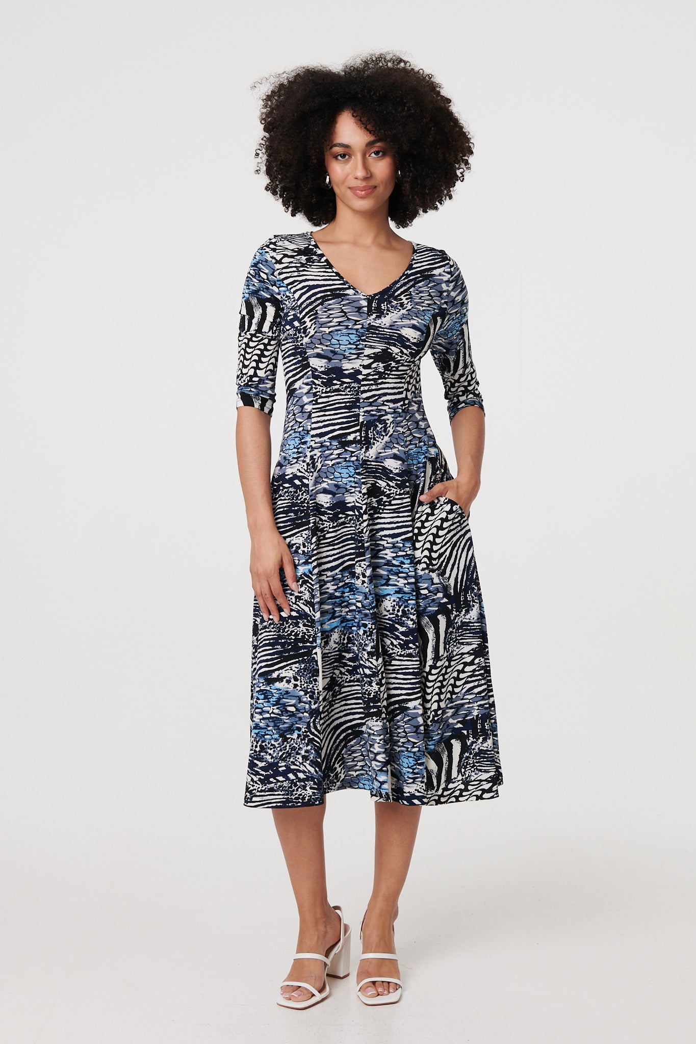 Abstract 3/4 Sleeve A-Line Midi Dress in MULTI BLUE [PK-8]