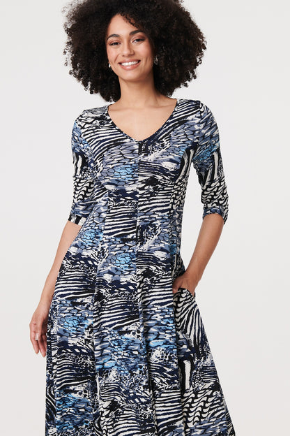 Abstract 3/4 Sleeve A-Line Midi Dress in MULTI BLUE [PK-8]