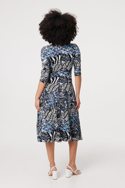 Abstract 3/4 Sleeve A-Line Midi Dress in MULTI BLUE [PK-8]