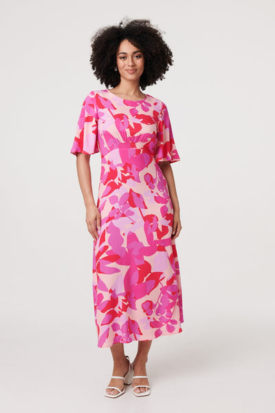 Printed 1/2 Sleeve A-Line Maxi Dress in MULTI PINK [PK-8]