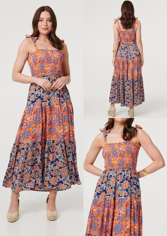 PRINTED TIERED TIE STRAP DRESS [PK-8]