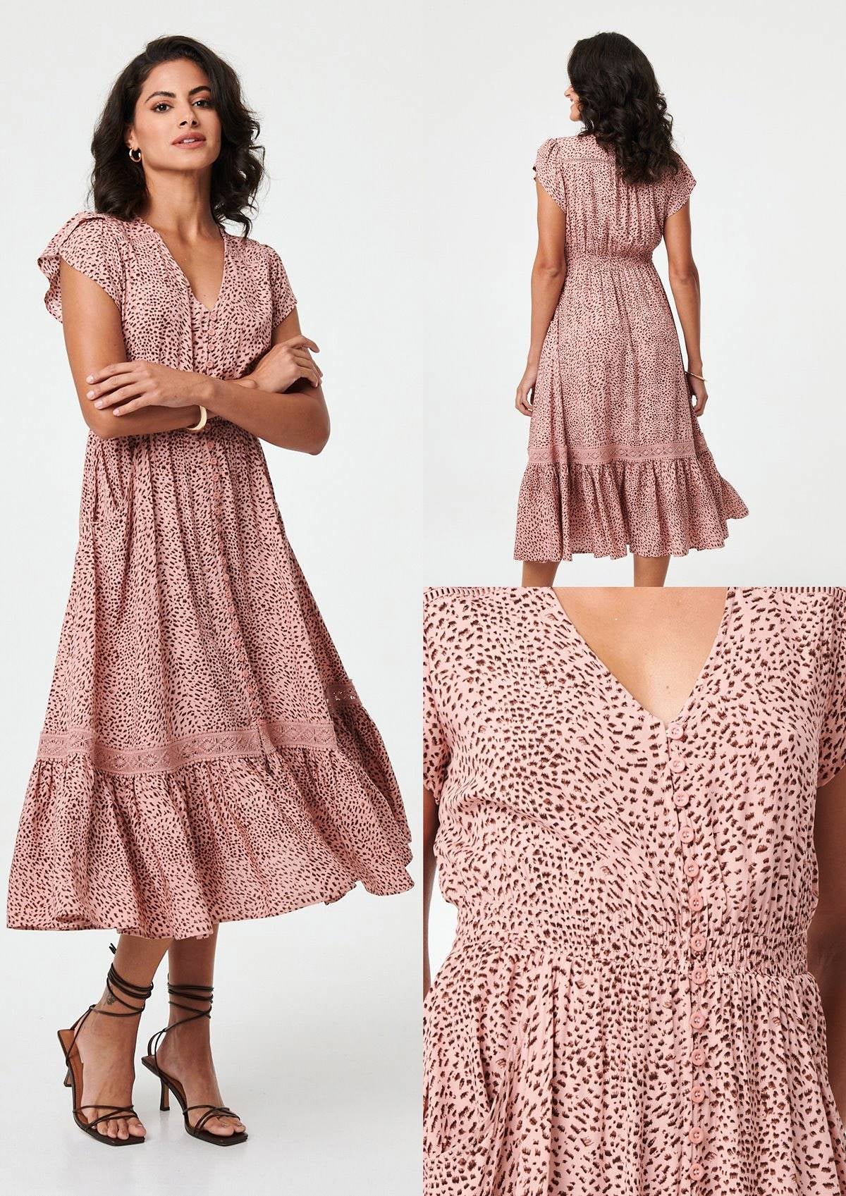 Animal Print Lace Cap Sleeve Midi Dress in MULTI PINK PK[8]