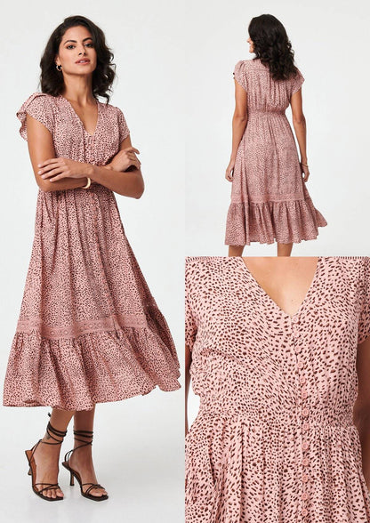 Animal Print Lace Cap Sleeve Midi Dress in MULTI PINK PK[8]