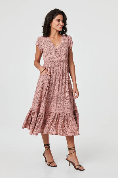 Animal Print Lace Cap Sleeve Midi Dress in MULTI PINK PK[8]