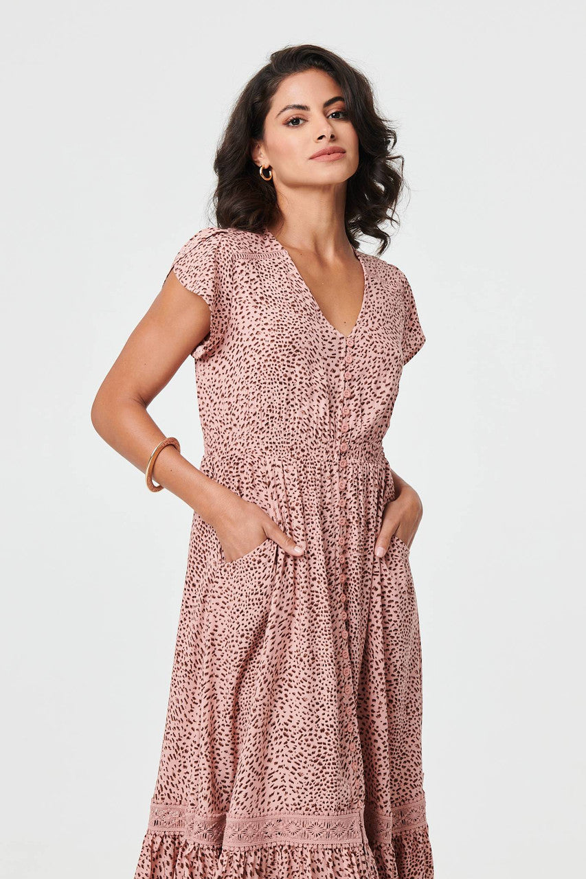 Animal Print Lace Cap Sleeve Midi Dress in MULTI PINK PK[8]