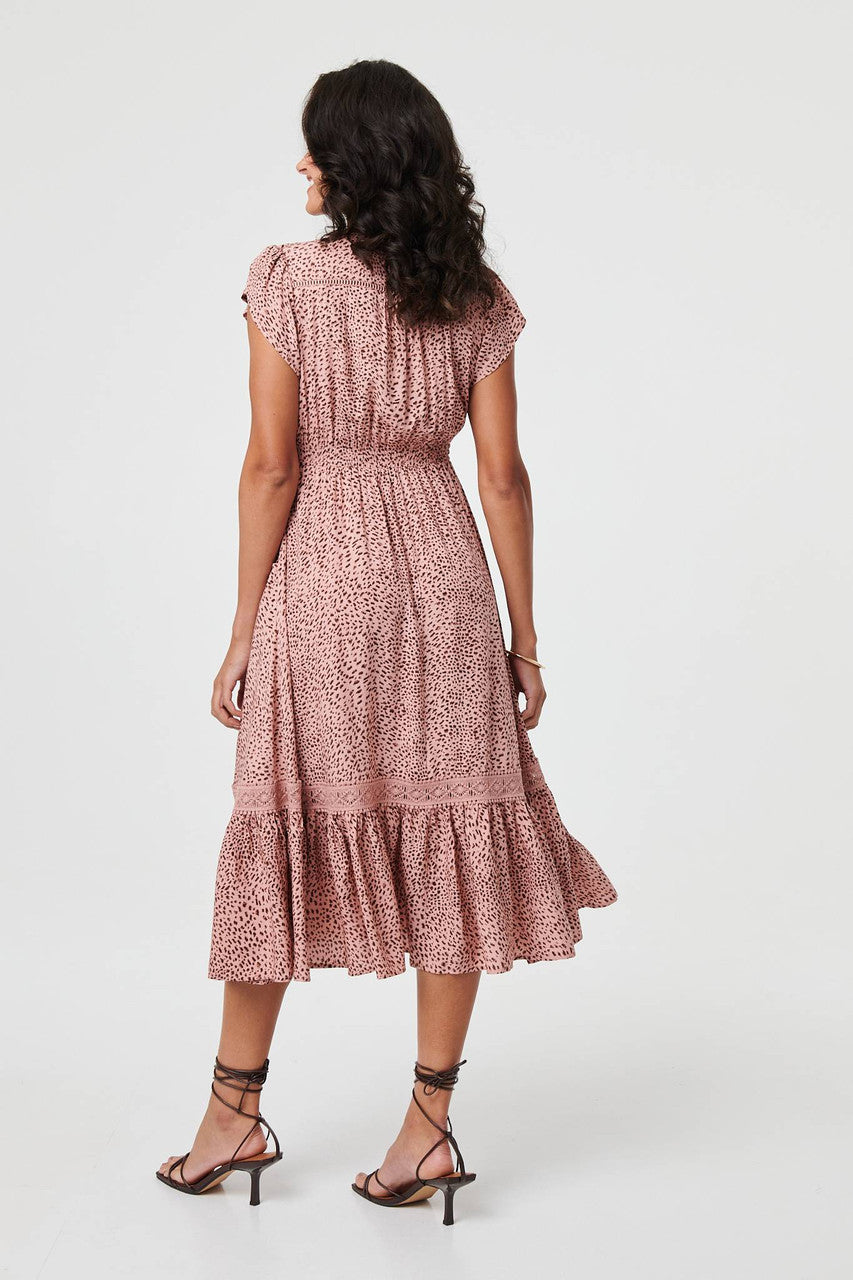 Animal Print Lace Cap Sleeve Midi Dress in MULTI PINK PK[8]