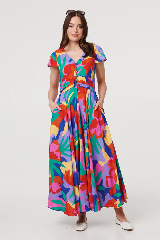 ABSTRACT CAP SLEEVE RUCHED MAXI DRESS [PK-8]