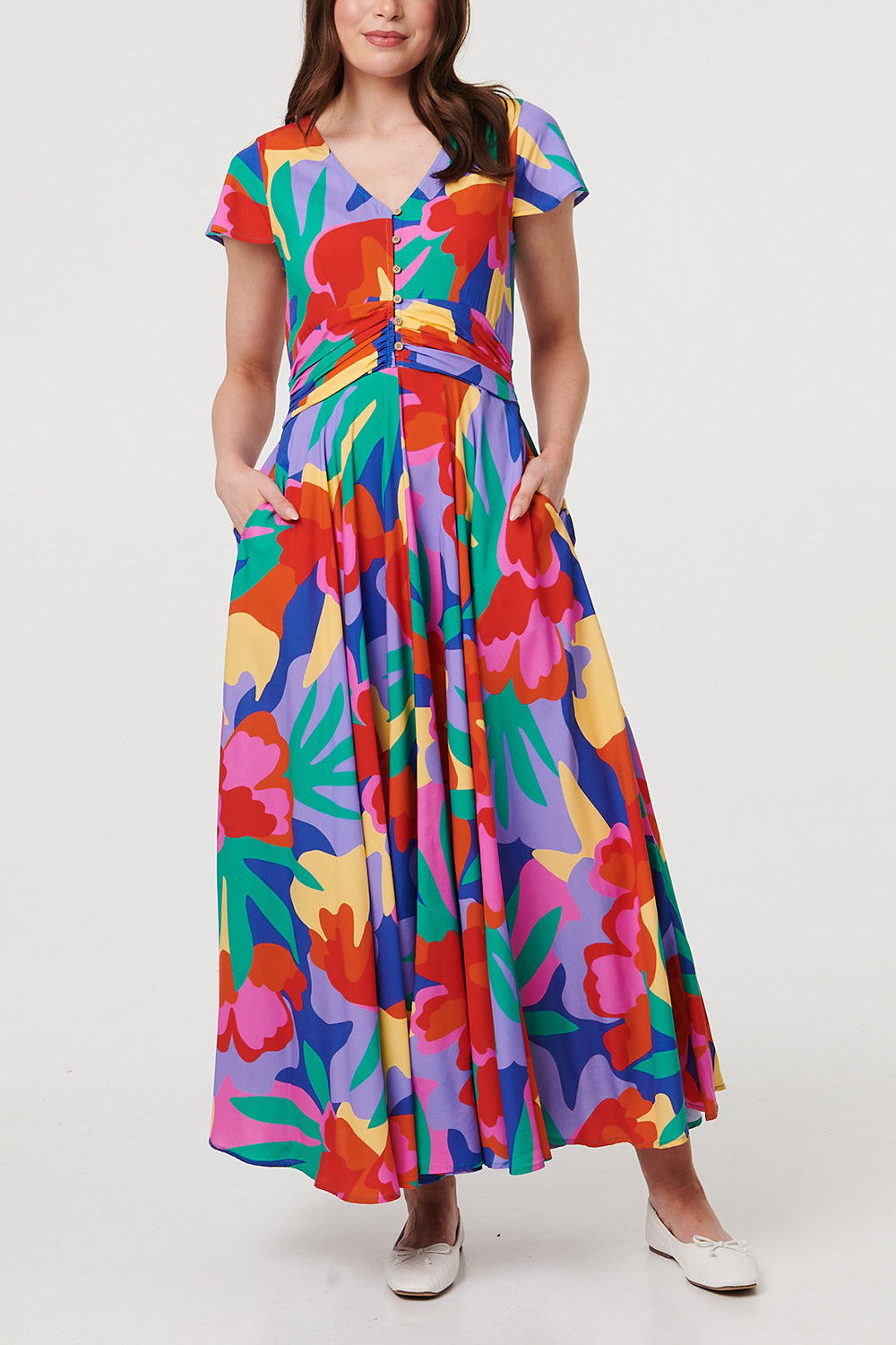 ABSTRACT CAP SLEEVE RUCHED MAXI DRESS [PK-8]