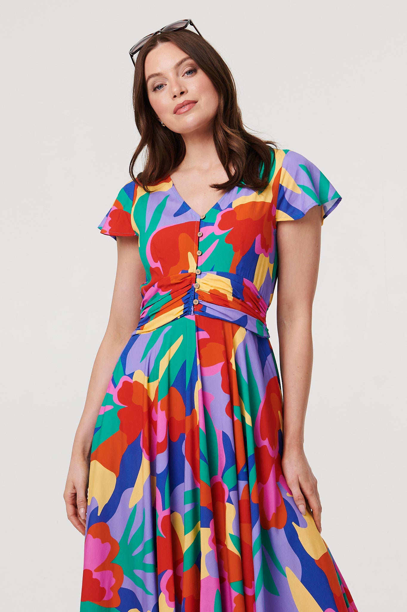 ABSTRACT CAP SLEEVE RUCHED MAXI DRESS [PK-8]