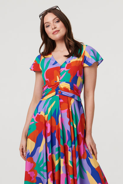 ABSTRACT CAP SLEEVE RUCHED MAXI DRESS [PK-8]