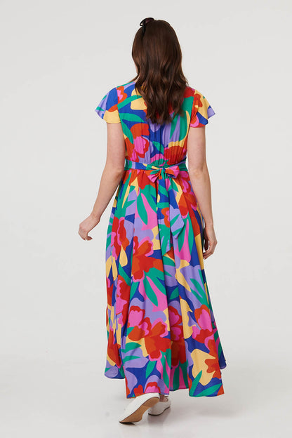 ABSTRACT CAP SLEEVE RUCHED MAXI DRESS [PK-8]