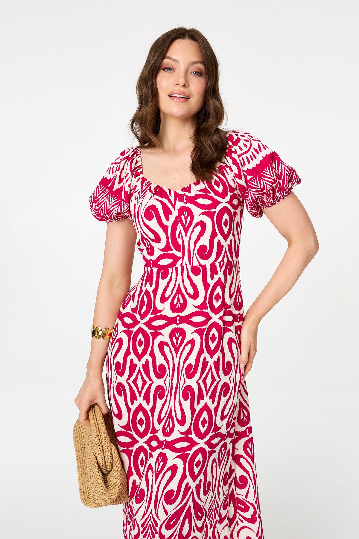 ABSTRACT BARDOT PUFF SLEEVE MAXI DRESS [PK-8]