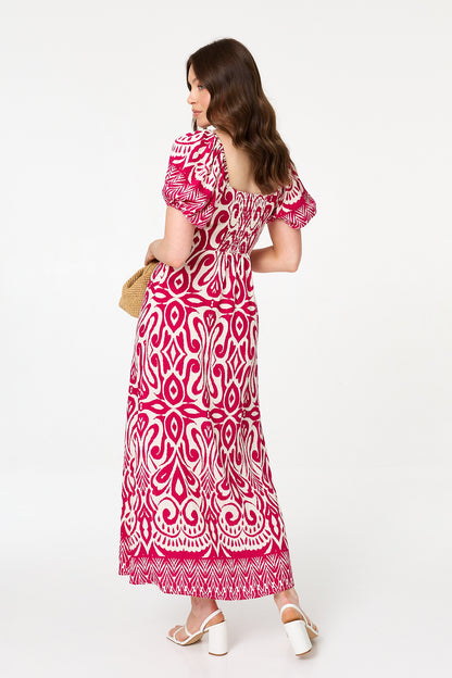 ABSTRACT BARDOT PUFF SLEEVE MAXI DRESS [PK-8]
