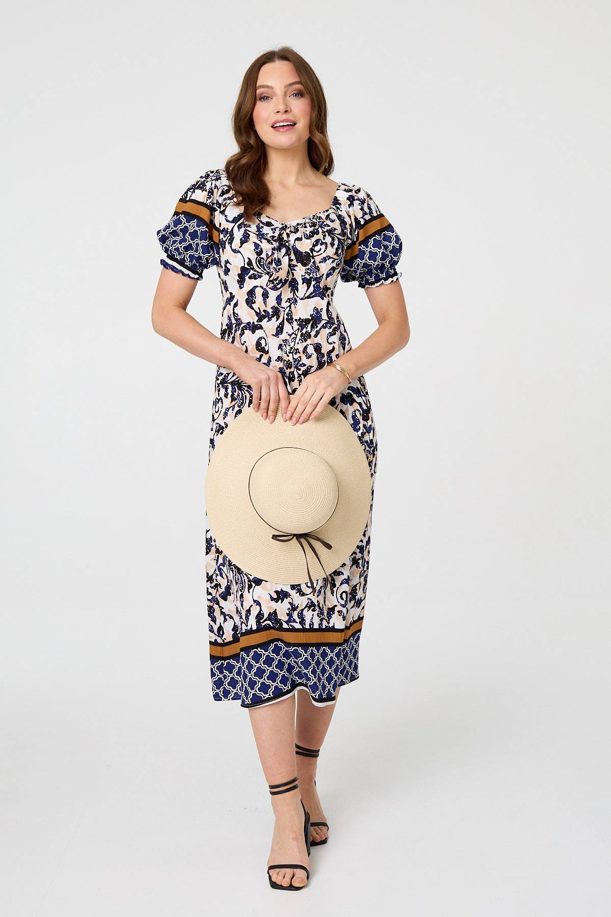BORDER PRINT PUFF SLEEVE DRESS [PK-8]