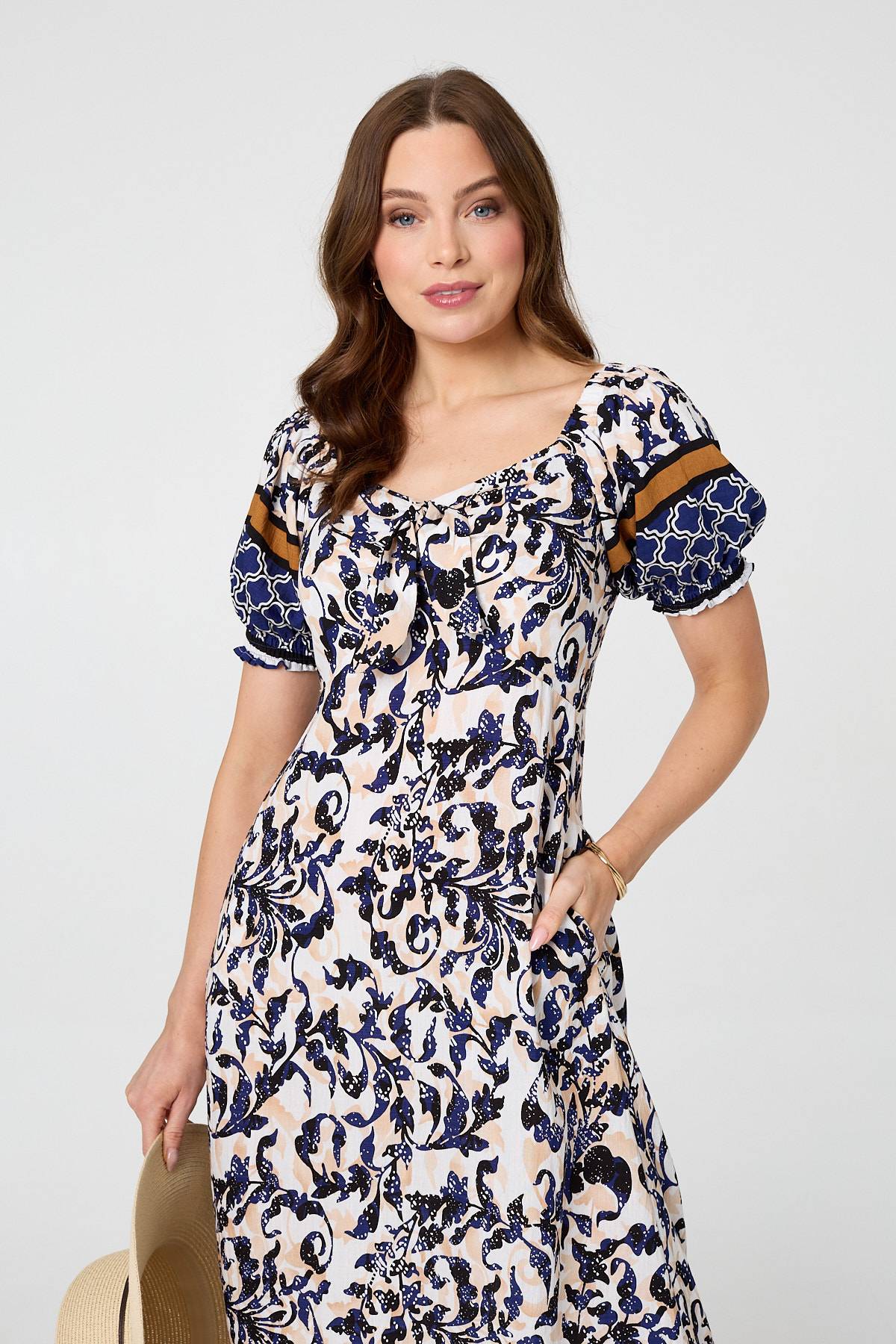 BORDER PRINT PUFF SLEEVE DRESS [PK-8]