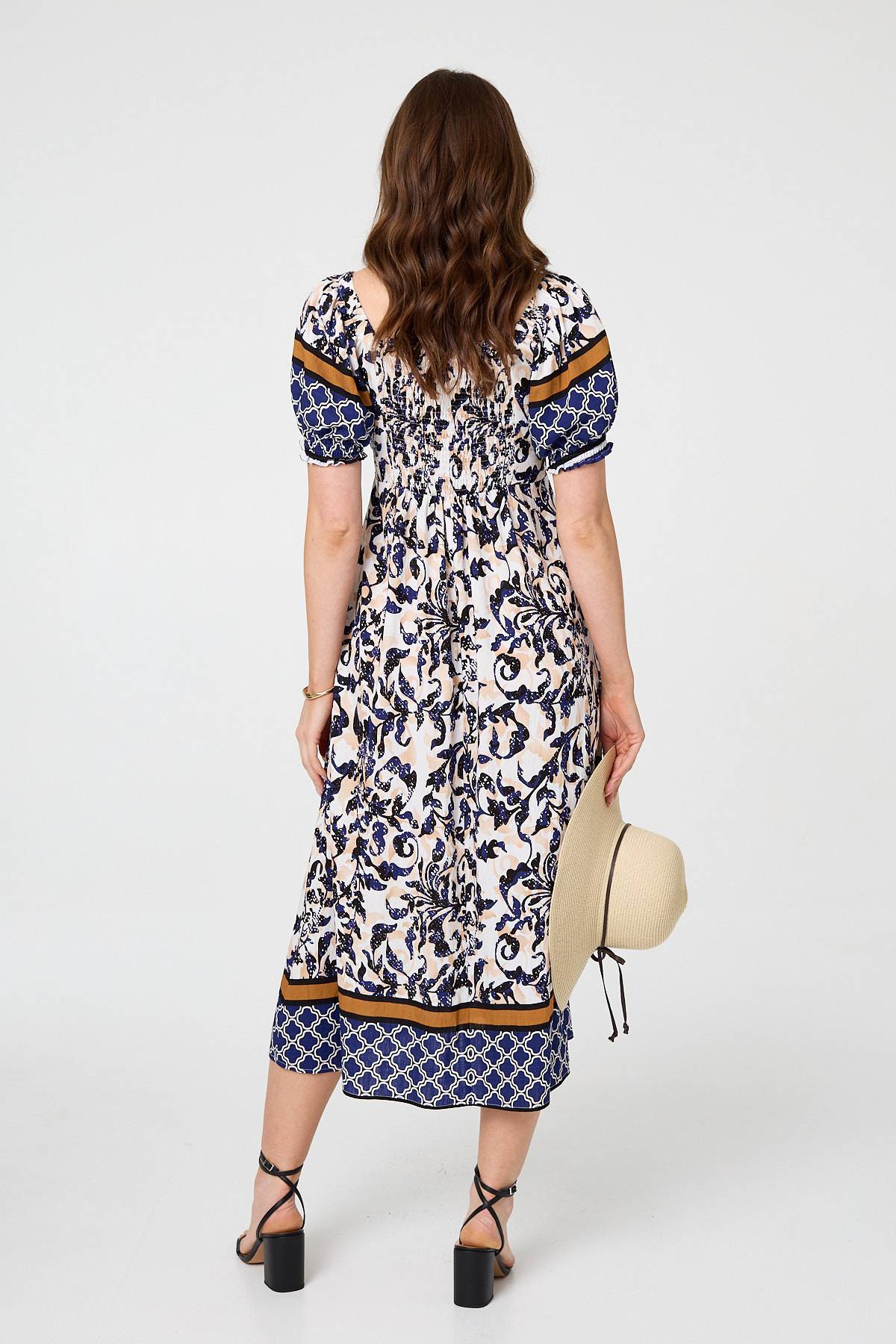 BORDER PRINT PUFF SLEEVE DRESS [PK-8]