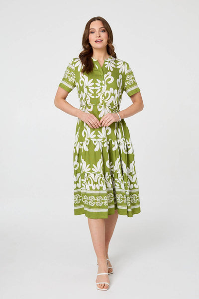 ABSTRACT PRINT TIERED MIDI DRESS IN GREEN [PK-8]