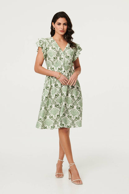 GREEN FLORAL FRILL SLEEVE V-NECK DRESS [PK-8]