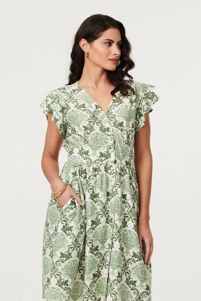 GREEN FLORAL FRILL SLEEVE V-NECK DRESS [PK-8]