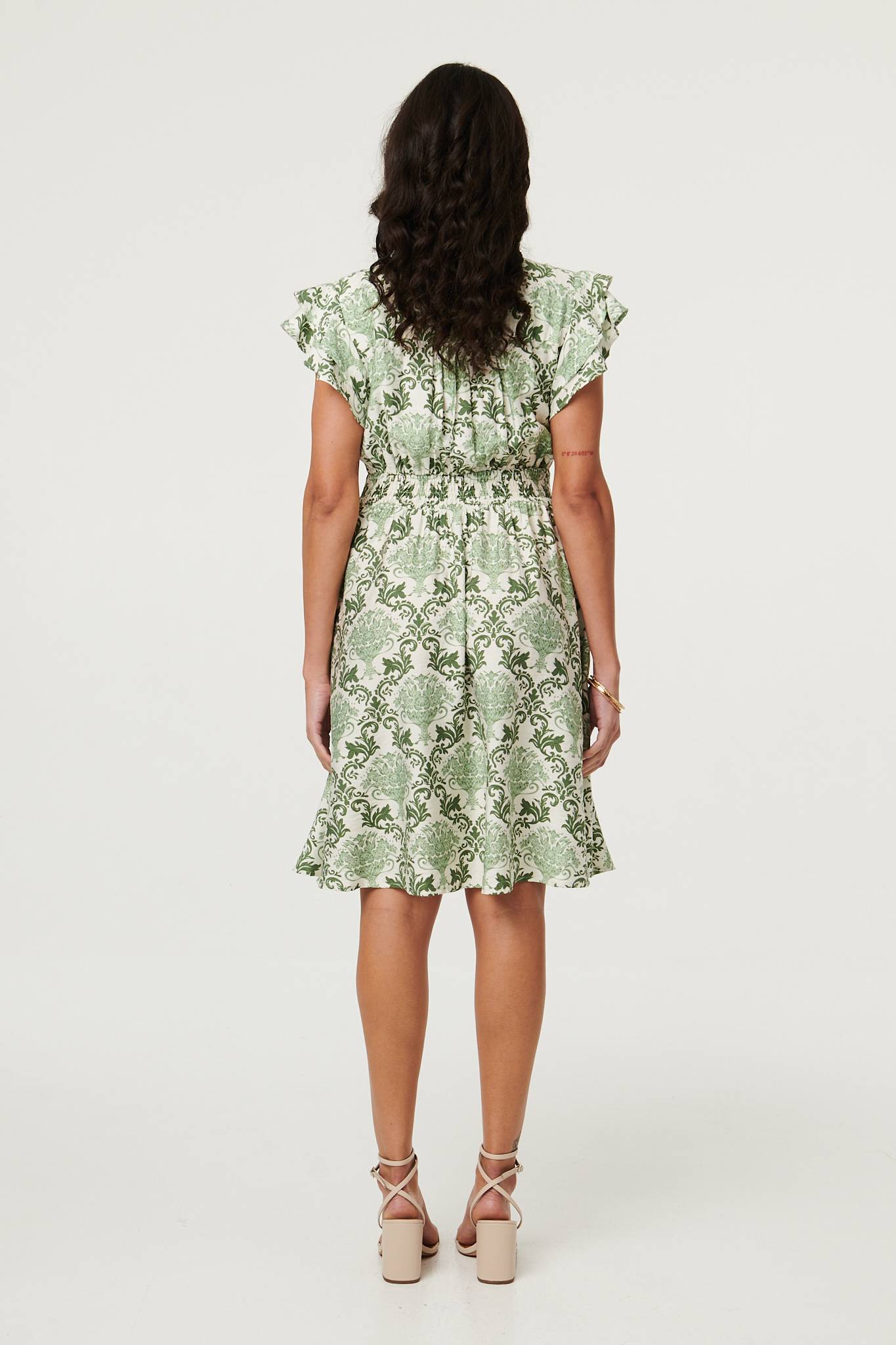 GREEN FLORAL FRILL SLEEVE V-NECK DRESS [PK-8]