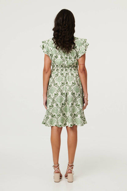 GREEN FLORAL FRILL SLEEVE V-NECK DRESS [PK-8]