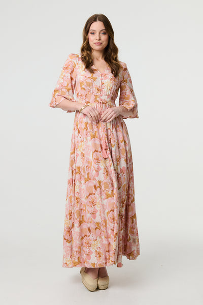 FLORAL 3/4 FLARE SLEEVE SMOCK MAXI DRESS IN MULTI PINK [PK-8]