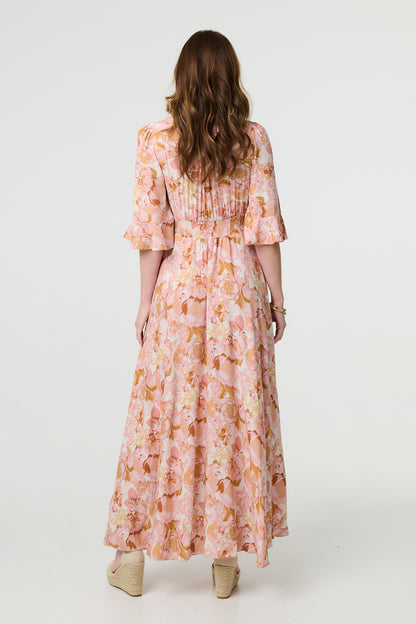 FLORAL 3/4 FLARE SLEEVE SMOCK MAXI DRESS IN MULTI PINK [PK-8]