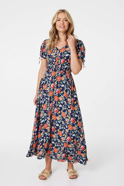 Floral Short Tie Sleeve Smock Maxi Dress in MULTI NAVY [PK-8]