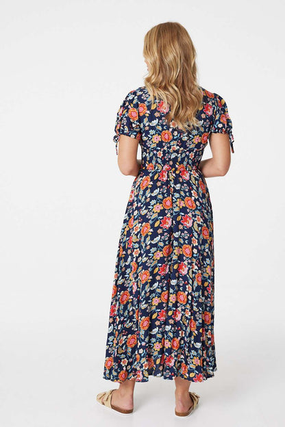 Floral Short Tie Sleeve Smock Maxi Dress in MULTI NAVY [PK-8]