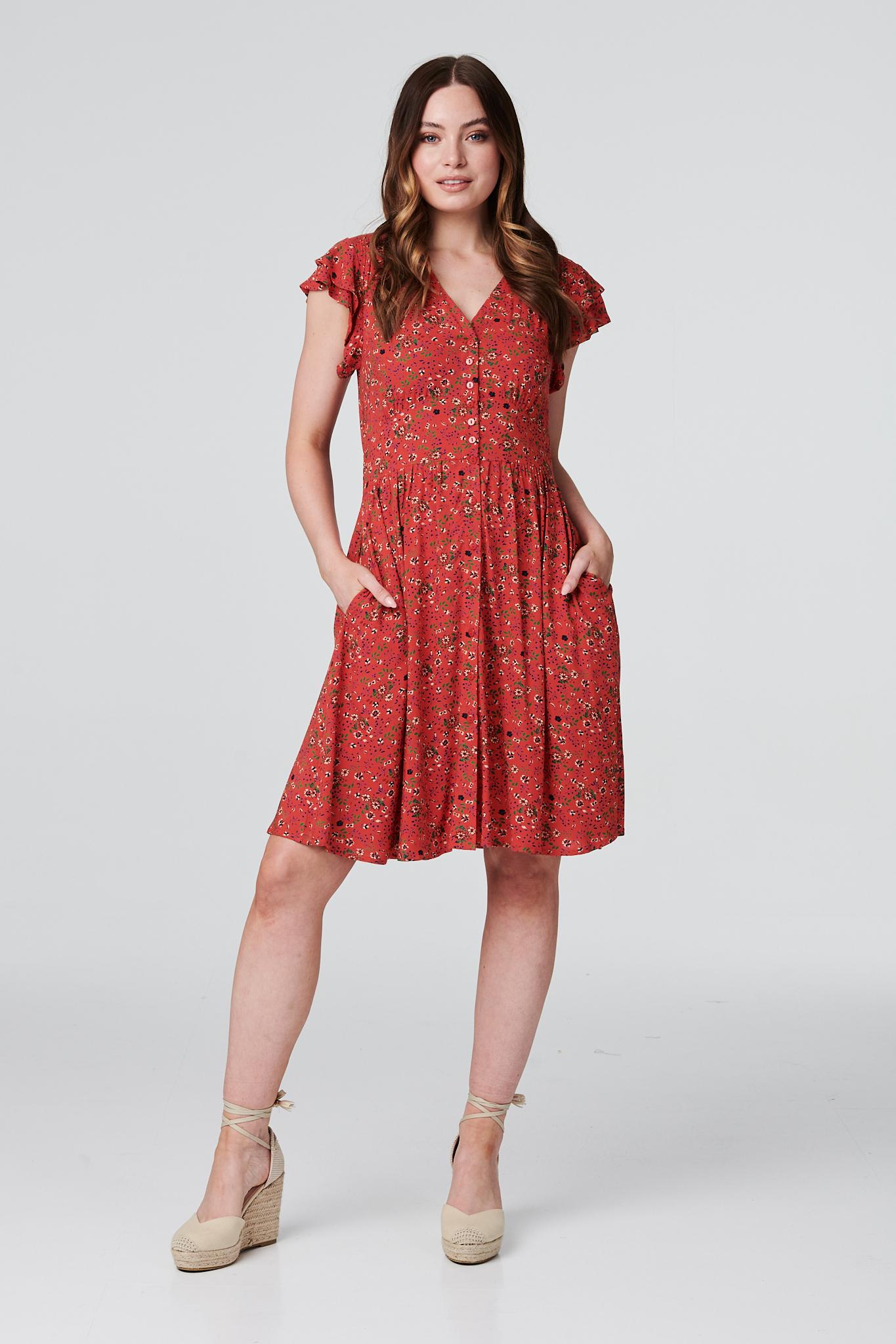 DITSY FLORAL V-NEKC KNEE LENGTH DRESS IN MULTI RED [PK-8]