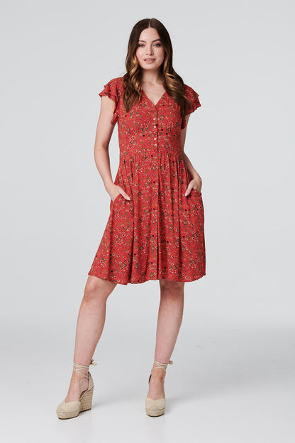 DITSY FLORAL V-NEKC KNEE LENGTH DRESS IN MULTI RED [PK-8]