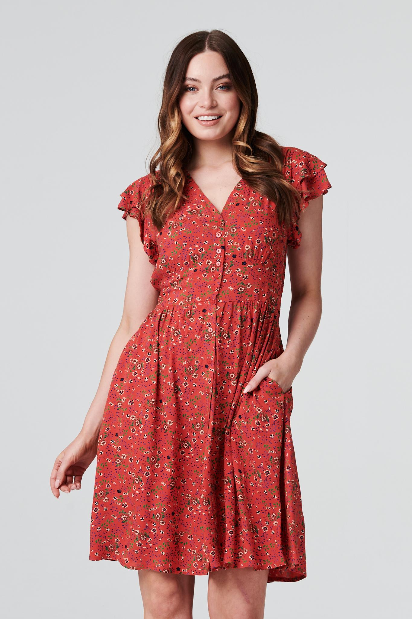 DITSY FLORAL V-NEKC KNEE LENGTH DRESS IN MULTI RED [PK-8]