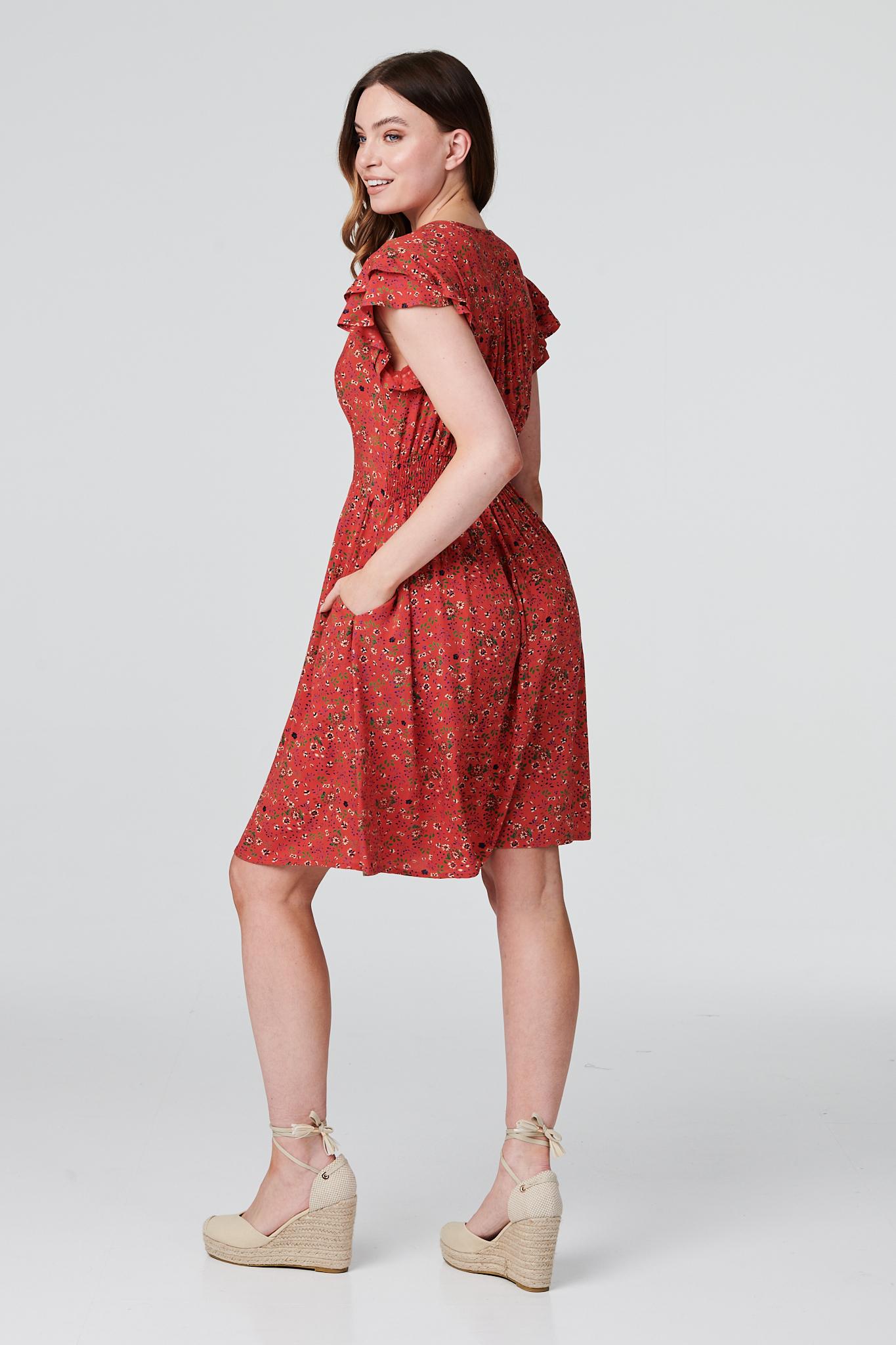 DITSY FLORAL V-NEKC KNEE LENGTH DRESS IN MULTI RED [PK-8]