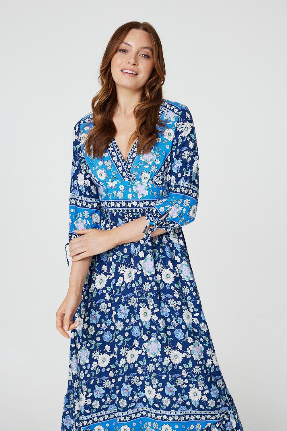 Floral 3/4 Sleeve Empire Maxi Dress in NAVY [PK-8]