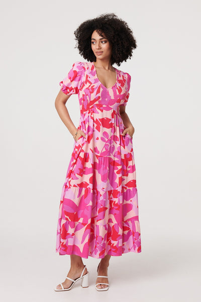 PRINTED 1/2 PUFF SLEEVE SMOCK MAXI DRESS IN MULTI PINK [PK-8]