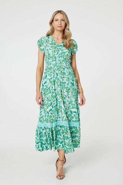 Leaf Print Cap Sleeve Frilled Maxi Dress in GREEN [PK-8]