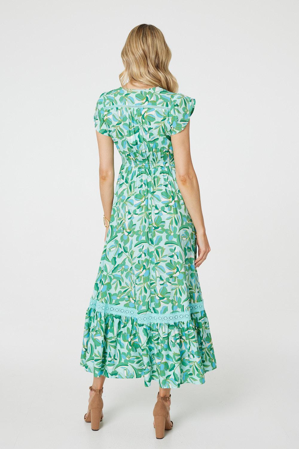 Leaf Print Cap Sleeve Frilled Maxi Dress in GREEN [PK-8]