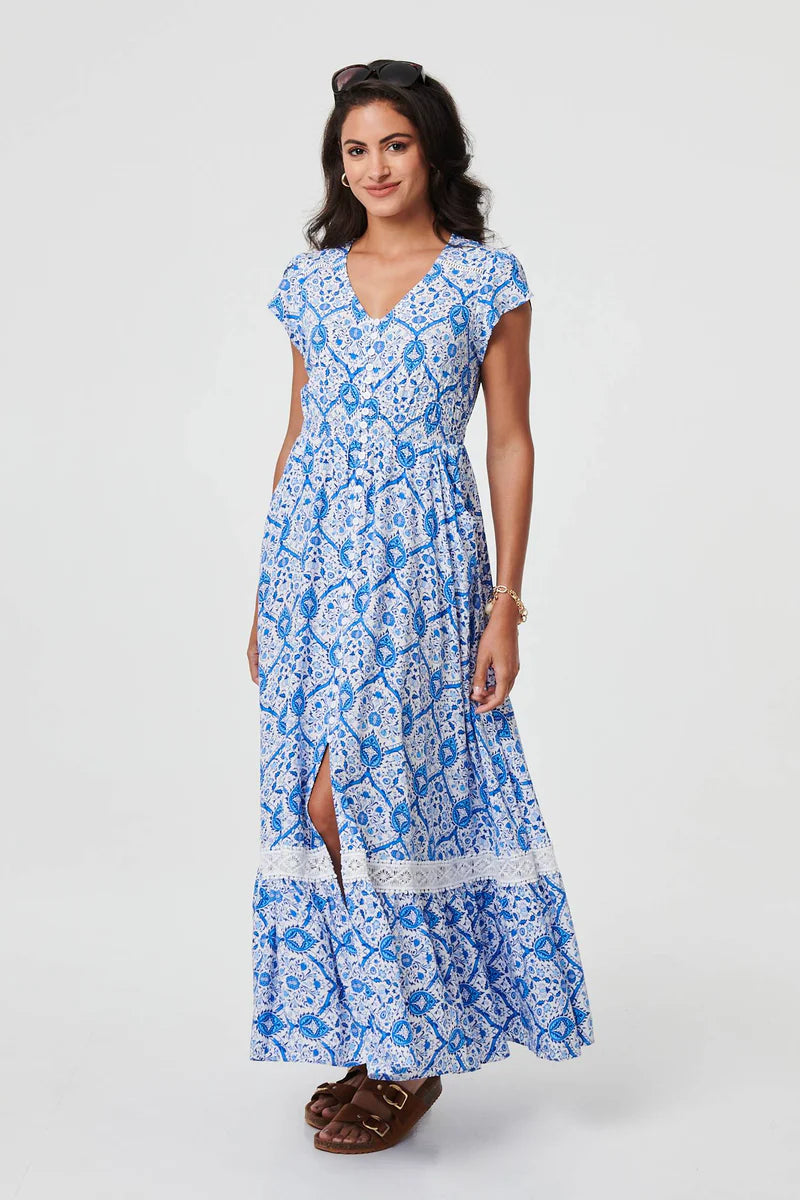PRINTED CAP SLEEVE BUTTONED DRESS