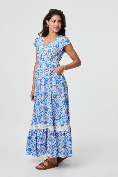 PRINTED CAP SLEEVE BUTTONED DRESS
