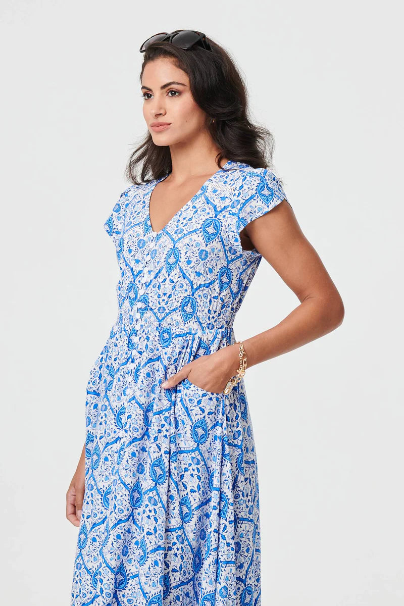 PRINTED CAP SLEEVE BUTTONED DRESS