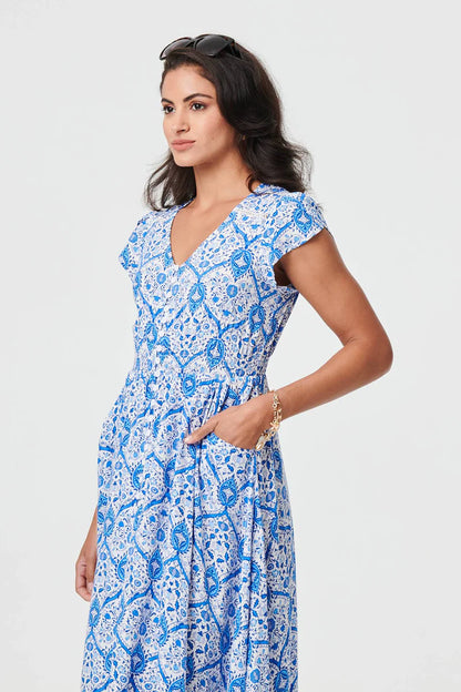 PRINTED CAP SLEEVE BUTTONED DRESS