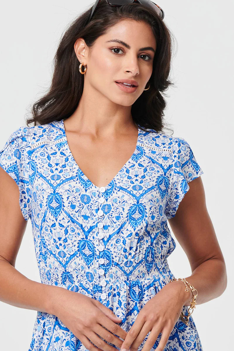 PRINTED CAP SLEEVE BUTTONED DRESS